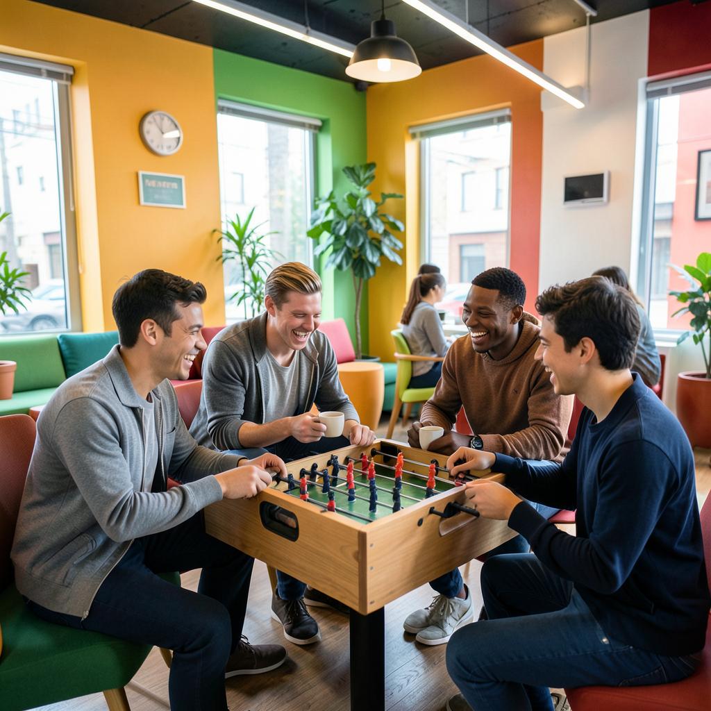 Teammates playing foosball during a break in the office lounge