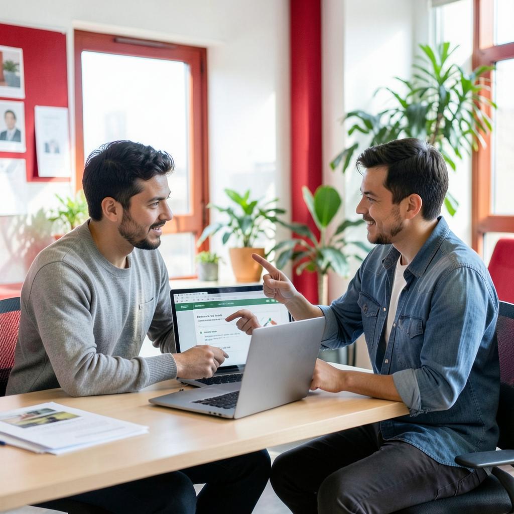 A senior consultant mentoring a colleague over a laptop